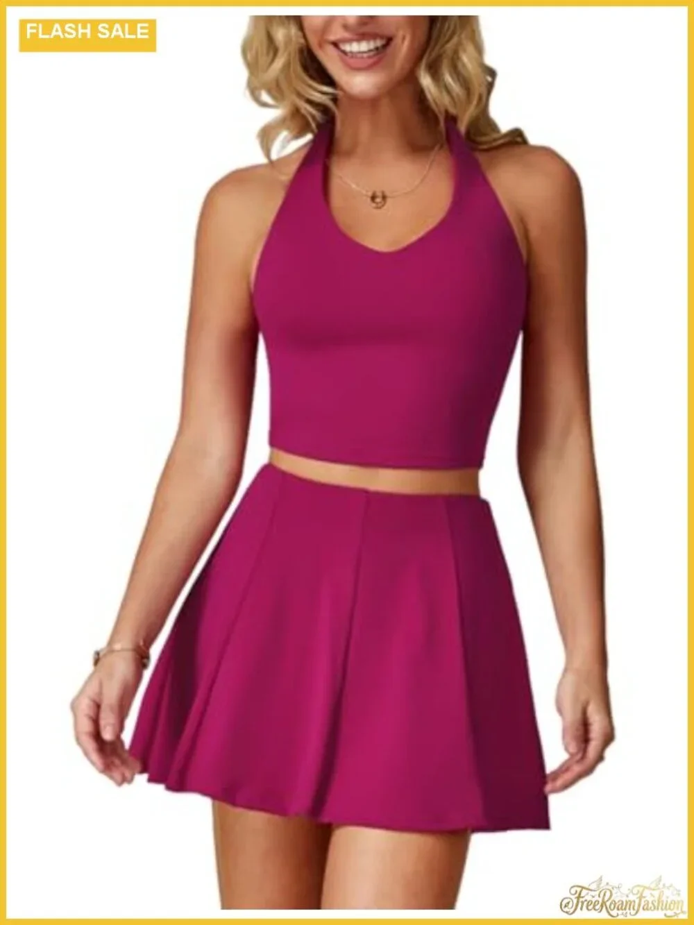Women's 2 Piece Tennis Skirt Set V Neck Tank Crop Top High Waisted Skort with